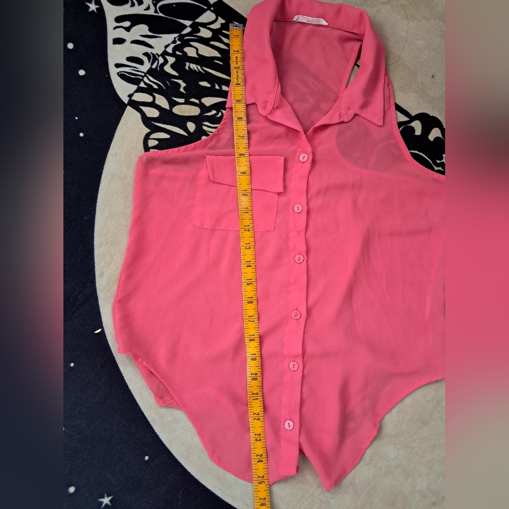 Lush Coral Sheer Racerback Sleeveless Buttonup Blouse! W/ Pocket No Size Tag Euc - Picture 8 of 8